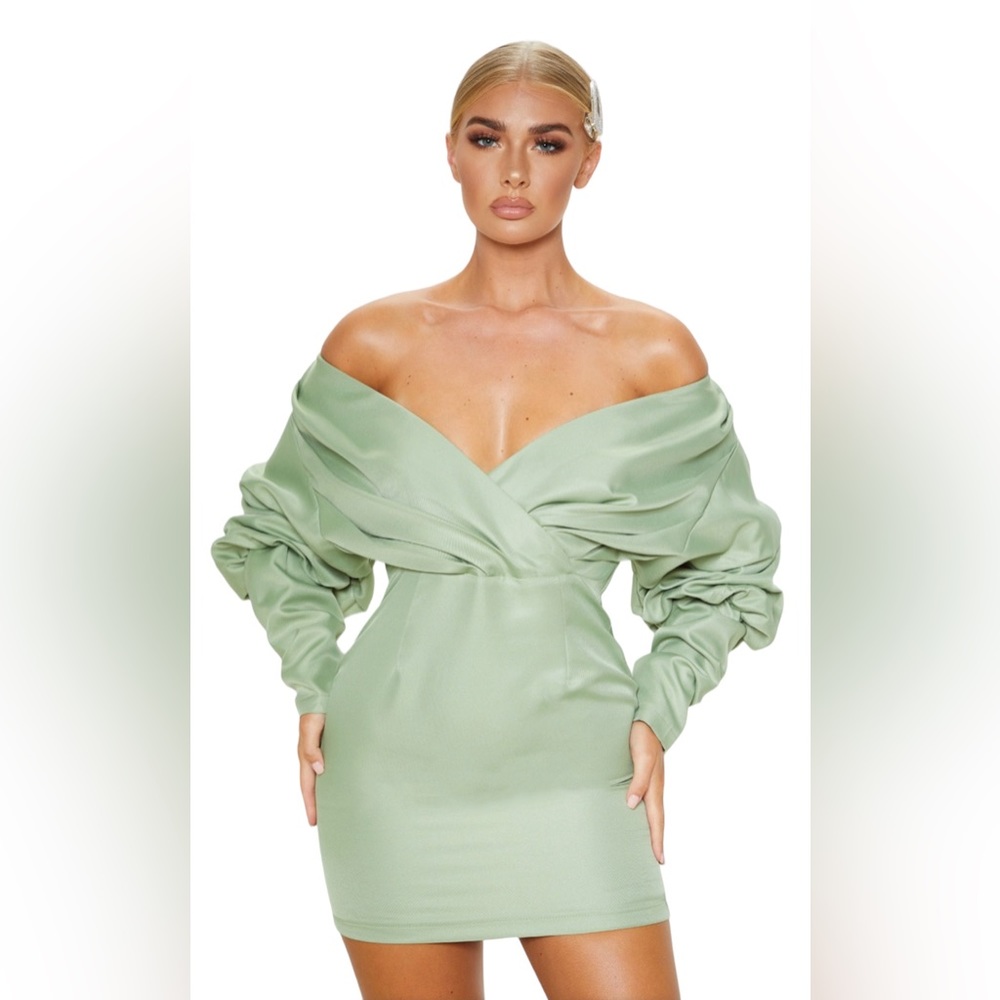 PrettyLittleThing Light Sage Off-Shoulder Mini Dress